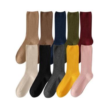 Imagem de Meias Longas De Algodão Retro Para Mulheres, 10 Pares, Cor Sólida, Aju