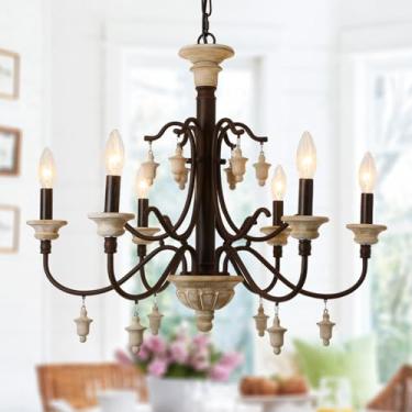 Imagem de ANQIANYUE Lustre moderno francês country preto com madeira 6 luzes vintage fazenda lustre de madeira lustres de meados do século para sala de jantar, quarto, ilha de cozinha, entrada, E12