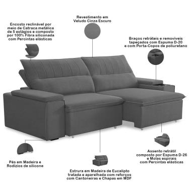 Imagem de Sofá Retrátil Reclinável Para Sala 3 Lugares 205cm Ricci F04 Veludo Cinza Escuro - Lyam Decor