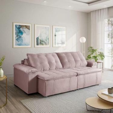 Imagem de Sofá Cama Retrátil e Reclinável 4 Lugares 240cm em Veludo com Molas Palmeira CabeCasa MadeiraMadeira Rosa