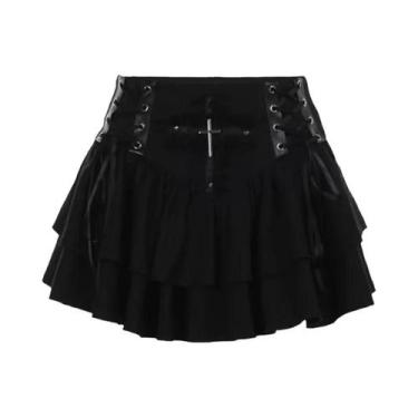 Imagem de Saia Mini Plissada Goth Punk Para Mulheres Com Patchwork Cruzado Estil