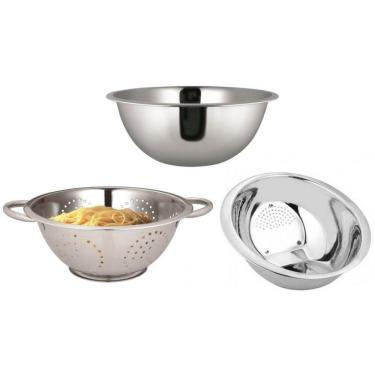 Imagem de Kit Inox 3 Peças Escorredor De Macarrão, De Arroz E Bowl