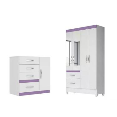 Imagem de Kit Guarda Roupa Madri com Espelho e Cômoda Vênus 4 Gavetas MDP 111cm Branco Rosa Azul...