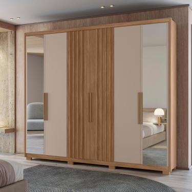 Imagem de Guarda Roupa Casal Ian 3 Portas de Correr 6 Gavetas MDP com Espelho Carvalho Fendi Moval