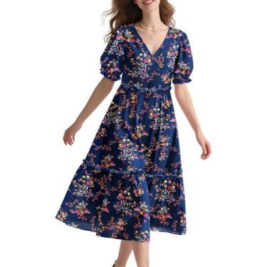 Imagem de Vestido midi YESNO, floral de verão, decote em V, manga folhada para m