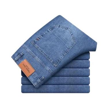 Imagem de Calças Jeans Masculinas Cinza Finas De Verão Em Algodão Elástico, Conf