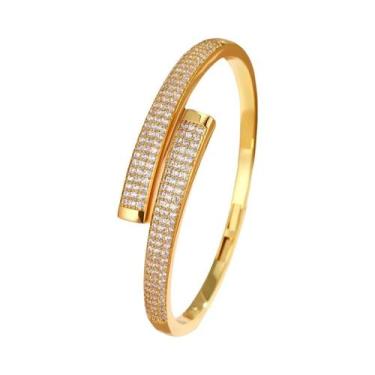 Imagem de Pulseira Aberta Geométrica Feminina Banhada a Ouro 18K Com Zircônia Br