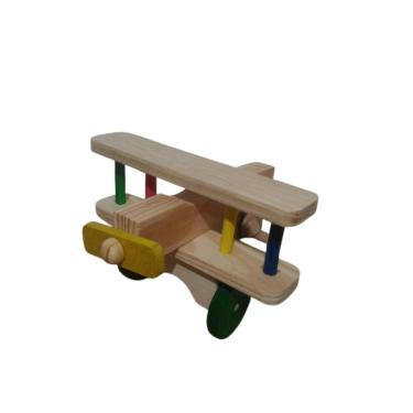 Imagem de Brinquedo Infantil Avião de Madeira Pinus Multicolorido com Rodinhas Móveis 25x35cm Artesanal