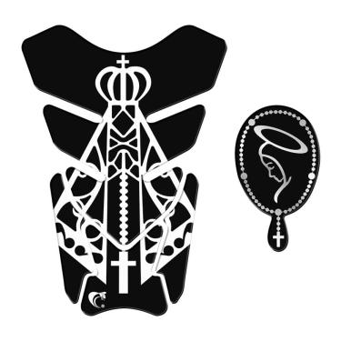 Imagem de Kit Protetor de Tanque Resinado Nossa Senhora com Escudo Decorativo Moto Preto PVC Teu Adesivo