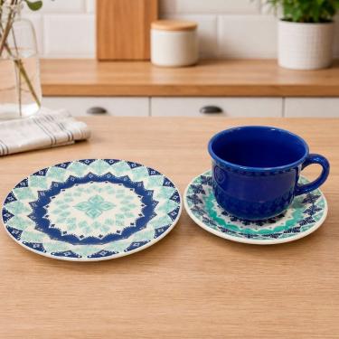 Imagem de Jogo de Café e Lanche Donna Lola Cerâmica 200ML e 18CM 4 Peças Azul e Verde