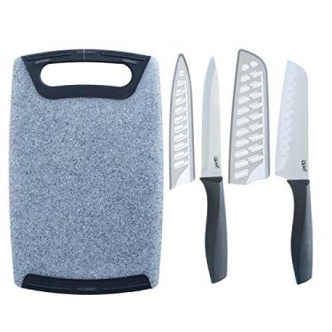 Imagem de Glad Conjunto de facas com tábua de corte, 5 peças | Santoku afiado e facas utilitárias com tampas de lâmina e bloco de corte de plástico | Acessórios de cozinha para cozinha, cinza