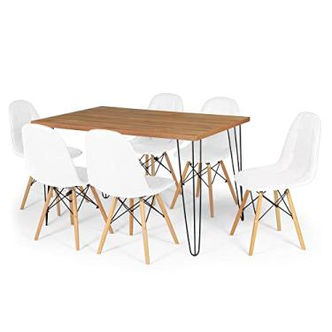 Imagem de Conjunto Mesa de Jantar Hairpin 130x80 Natural com 6 Cadeiras Eiffel Botonê - Branco