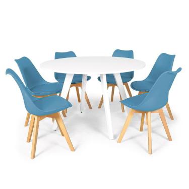 Imagem de Conjunto Mesa de Jantar Redonda Amanda Branca 120cm com 6 Cadeiras Eiffel Leda - Turquesa