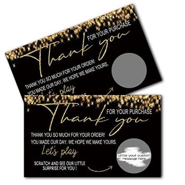 Imagem de Cartões de raspar Thank You For Your Buy - Cartões de vale-presente em branco - Cartões de agradecimento para pequenas empresas por pedidos - Faça seus próprios cartões de raspar ouro preto DIY - 50 cartões e 50 adesivos (C09)