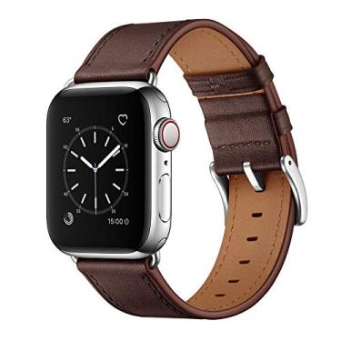 Imagem de OUHENG Pulseira de couro genuíno compatível com Apple Watch Ultra séries 2/1 10/9/8/7/6/5/4/3/2/1/SE, marrom chocolate/prata