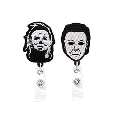 Imagem de Carretel de crachá de Halloween, cordão Michael Myers, carretel retrátil para cartão de nome com clipe de jacaré, cordão de puxar de 60,96 cm de espessura