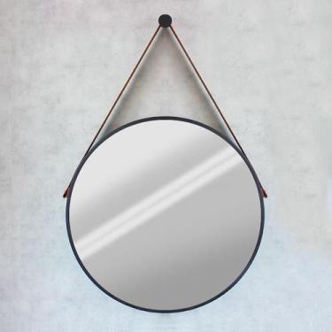 Imagem de Espelho Modelo Adnet 60cm Com Acabamento Preto E Alça Caramelo - Htadn