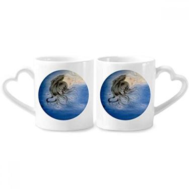 Imagem de Conjunto de canecas de porcelana Orquídea Fantasy Girl estilo chinês aquarela casal amante cerâmica alça de coração