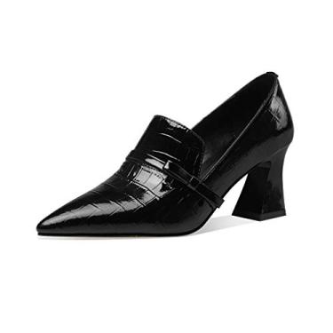 Imagem de TinaCus Sapato feminino de couro envernizado em relevo, feito à mão, salto médio, bico fino, sem cadarço, moderno com gravata borboleta, B - preto, 7