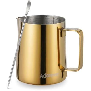 Imagem de Jarra de espumar de leite, 350 ml, jarras vaporizadoras de aço inoxidável, leite, café, cappuccino, latte, arte barista, jarra de vapor com caneta de arte decorativa, dourada