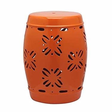 Imagem de ENILSA Banco de tambor de cerâmica oco esmaltado de cor borboleta, banqueta redonda de jardim, banqueta de porcelana para banquinho de troca de sapatos, cadeira de vestir e banqueta de banheiro. (Cor: laranja)