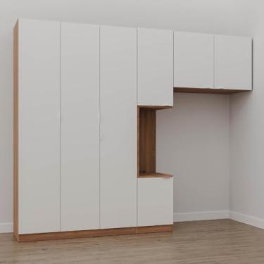 Imagem de Guarda Roupa Modulado de Solteiro com Mesa de Cabeceira Esquerda 7 Portas 3 Peças Hera Cabecasa Made Louro/branco Geada/cromado