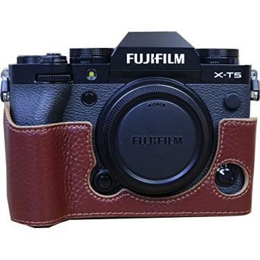 Imagem de Capa para X-T5, BolinUS, feita à mão, couro legítimo, meia câmera, capa para Fujifilm Fuji X-T5 XT5 versão com abertura inferior + alça de mão (café)