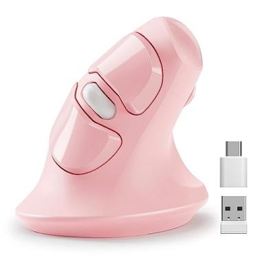 Imagem de Mouse ergonômico MicroPack, mouse vertical sem fio com receptor USB A e tipo C, design ergonômico reduz a tensão muscular, 6 botões 800/1200/1600 DPI mouse para Windows, Mac, PC, laptop, rosa