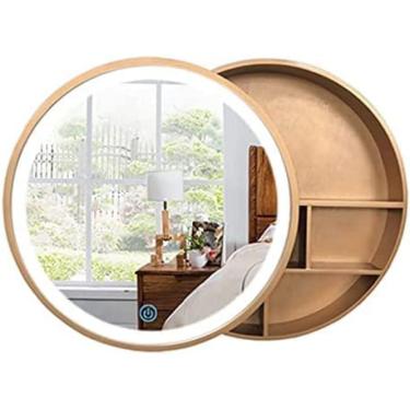 Imagem de Armário de espelho de banheiro redondo com iluminação LED - 60 cm - Espelho de banheiro de madeira - Borda de armazenamento - Decoração de parede - Cor natural única