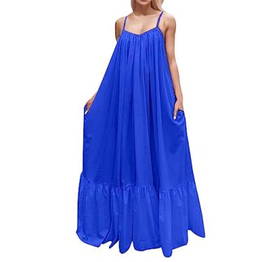 Imagem de Lainuyoah Vestidos rodados para mulheres 2024 plus size rodado praia boho vestidos de verão alças finas sem mangas 2024 vestidos em camadas, A - azul, G