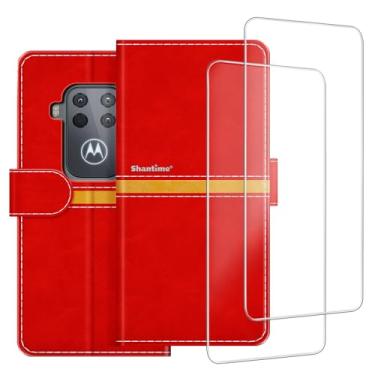 Imagem de ESACMOT Capa de celular compatível com Motorola Moto One Zoom + [pacote com 2] película protetora de tela, capa protetora magnética de couro premium para Motorola One Pro (6,3 polegadas) vermelha