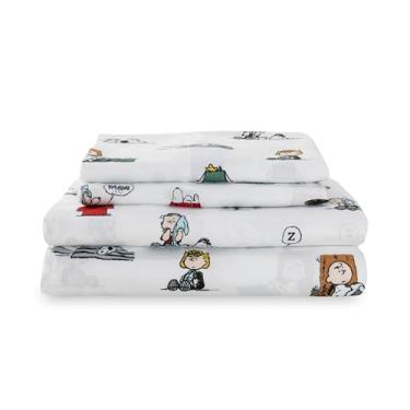 Imagem de Berkshire Blanket Jogo de cama infantil Peanuts® Queen Size - 4 peças, lençol de microfibra macia com estampa Snoopy, amendoim para dormir, branco colorido