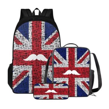 Imagem de Suobstales Mochila escolar de malha com estampa da bandeira da Grã-Bretanha com suporte para lápis, 3 peças, mochila escolar infantil casual com dois compartimentos