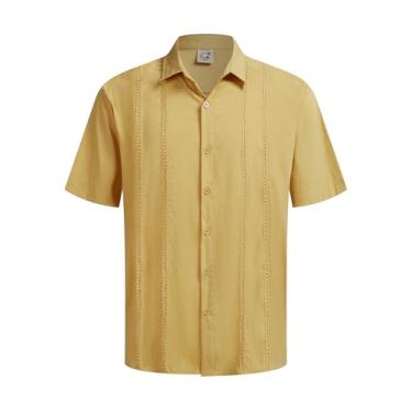 Imagem de Hardaddy Camisa masculina bordada Guayabera cubana para férias camisa de praia verão manga curta, Mostarda amarela, 3G