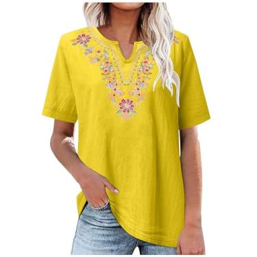Imagem de Camisetas femininas de linho de algodão de manga curta bordadas com gola V artística solta, Amarelo, XXG
