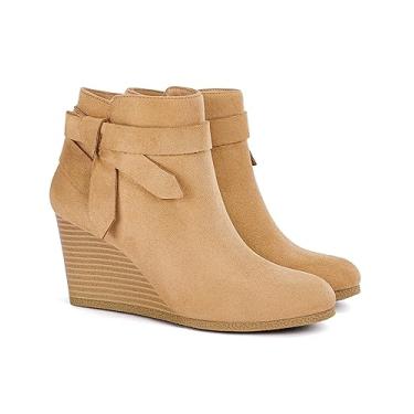 Imagem de Coutgo Botas femininas anabela, nó amarrado, cano baixo, salto empilhado, lateral com zíper lateral, Marrom claro, 8.5