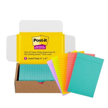 Imagem de Post-it Super Sticky Notes, 10 x 15 cm, 5 blocos/pacote, 90 folhas/bloco, cores vivas sortidas, Aqua Splash, verde-limão, verde-sol, infusão de goiaba e íris (660-5SSMXSIOC)