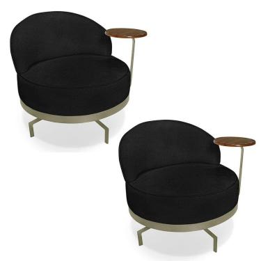 Imagem de Kit 2 Poltronas Decorativa Andromeda Linho Bouclê Base Giratória De Ferro - Pallazio Cor Preto