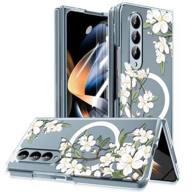 Imagem de MIDIIUGCT Capa magnética para Galaxy Z Fold3, círculo magnético integrado e carregamento sem fio, capa à prova de choque de grau militar para Z Fold 3 [flor branca] MMUS-CXDZ-04-14