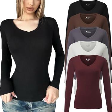 Imagem de FMNNNN 5 camisetas femininas caneladas, manga comprida, caimento justo, gola V, colado ao corpo, túnicas para sair, Pacote com 5: preto/branco/café/vermelho/cinza, XGG