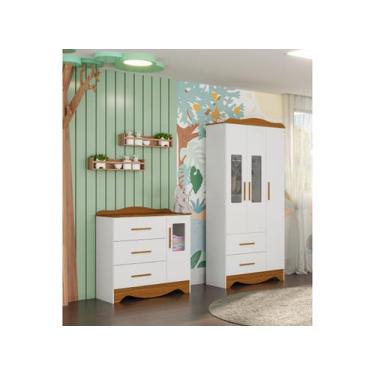 Imagem de Guarda roupa e cômoda Provençal Moveis Peroba Clara MDF, Branco Amêndo