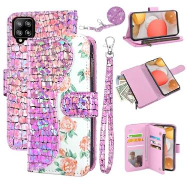 Imagem de Dibosom Capa carteira floral para Samsung Galaxy A42 5G com alça de pulso alça de ombro flip zíper bolsa porta-cartão, suporte brilhante brilhante para celular A 42 G5 42A S42 4G 2021 rosa