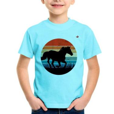 Imagem de Camiseta Infantil Cavalo Vintage Sunset - Foca na Moda, Azul claro, 14