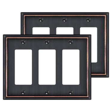 Imagem de Pacote com 2 capas decorativas triplas, placa de parede, placa de interruptor basculante de bronze polido a óleo, placa de parede de 3 grupos para receptáculo, tomada GFCI, interruptor de regulação -