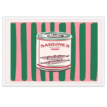 Imagem de Decoração de parede de peixe vintage rosa e verde pôster de sardinha moderna arte de parede de cozinha de frutos do mar linda tela de comida saudável Preppy tradicional sardinha impressão em lata