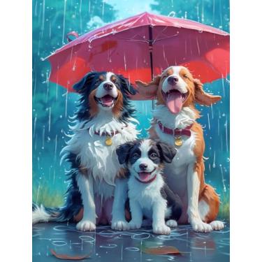 Imagem de SKRYUIE Kits de pintura de diamante 5D para cães - Kits de arte de diamante DIY para adultos guarda-chuva, broca redonda completa - ponto cruz bordado de cristal - Artesanato para decoração de parede