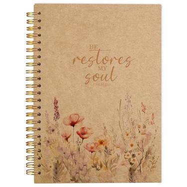Imagem de Ecezatik Caderno cristão para mulheres, diário de presentes de arte cristã, diário de oração para mulheres, caderno de diário bíblico, caderno espiral floral PSALM 23:3 He Restores My Soul 14 x 21 cm,