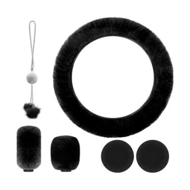 Imagem de Yourkar Conjunto de 6 peças de capas de volante fofas, capa de volante macia de 38 cm, capa de freio de mão, capa de câmbio de marcha, porta-copos e acessório de espelho de carro, acessórios para