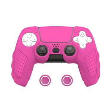 Imagem de IINE Capa para controle PS5, capa de silicone antiderrapante compatível com controle PlayStation5 Dual Sense com 2 tampas de aperto de polegar/adesivo touch pad, acessórios PS5 (rosa vermelha)