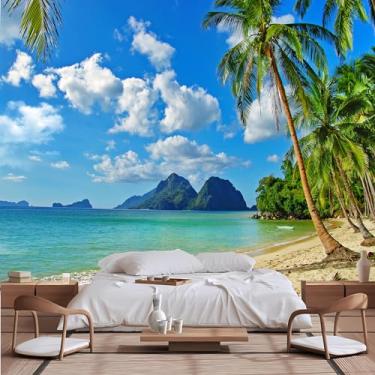 Imagem de Lcythiazole Mural de papel de parede de oceano com tamanho personalizável, mural de parede de palmeira, paraíso, praia, paisagem marítima, papel de parede para quarto, sala de estar, fundo de TV